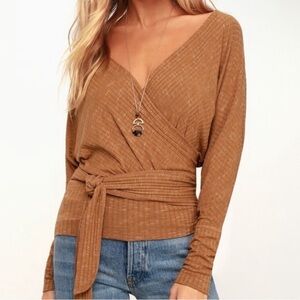 Free People We the Free Ribbed Faux Wrap Top V-Neck Tie Waist Sz Small